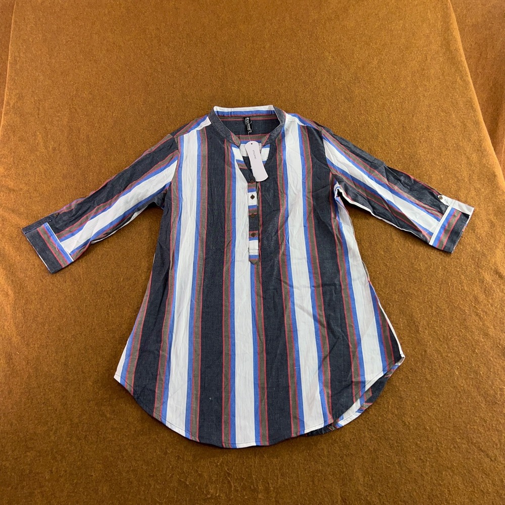 Nizamindia Womens L Blue Striped Button Neck 3/4 Sleeve Tunic Top New *Flaw